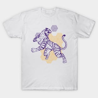 Retro Purple & Gold Tiger on the Attack // Vintage Geometric Shapes Background T-Shirt